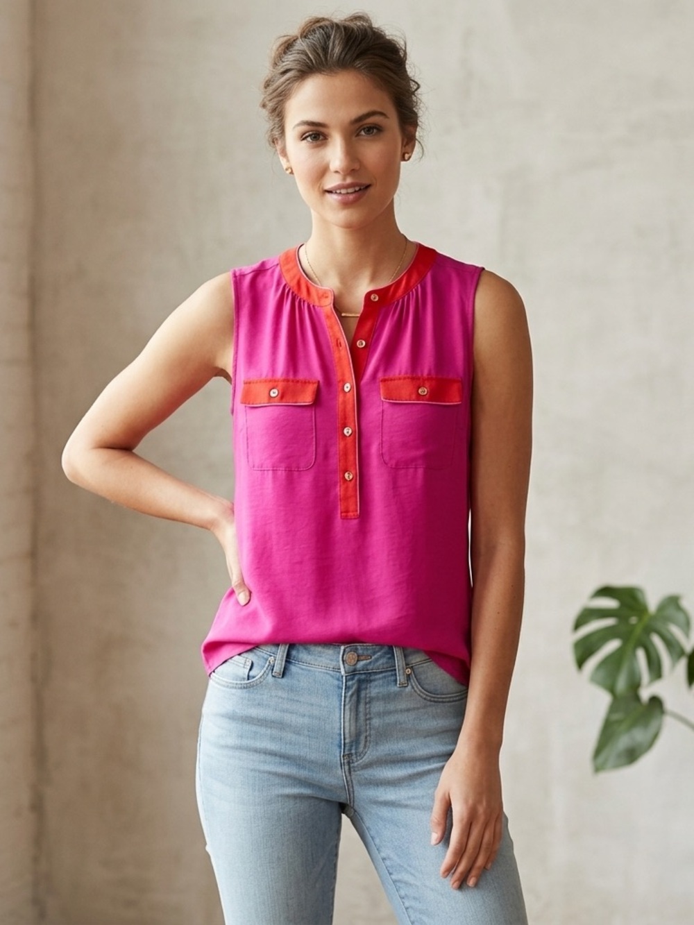 Banana Republic Sleeveless Henley Blouse - Hot Pink with Orange Trim